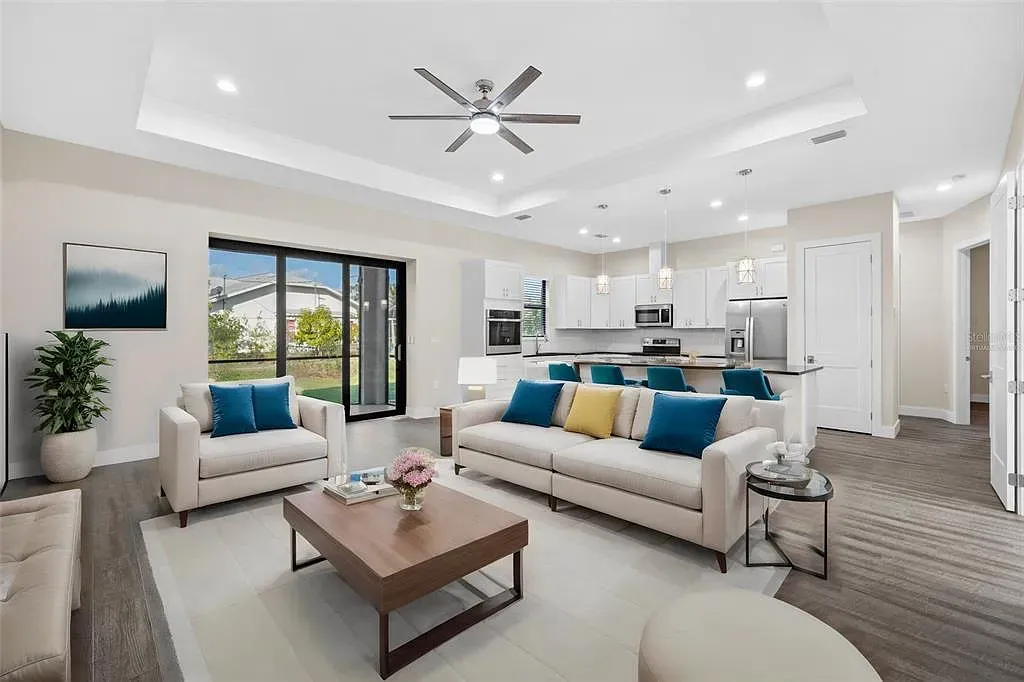 Bright living room with high ceilings in a custom home
